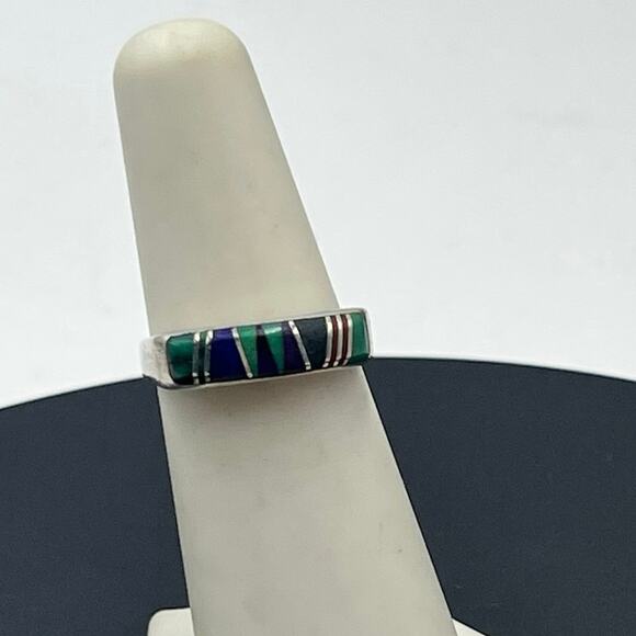 Vintage Zuni Style Sterling Multi-Stone Inlay Turquoise Lapis Malachite Ring 6 - Picture 1 of 10